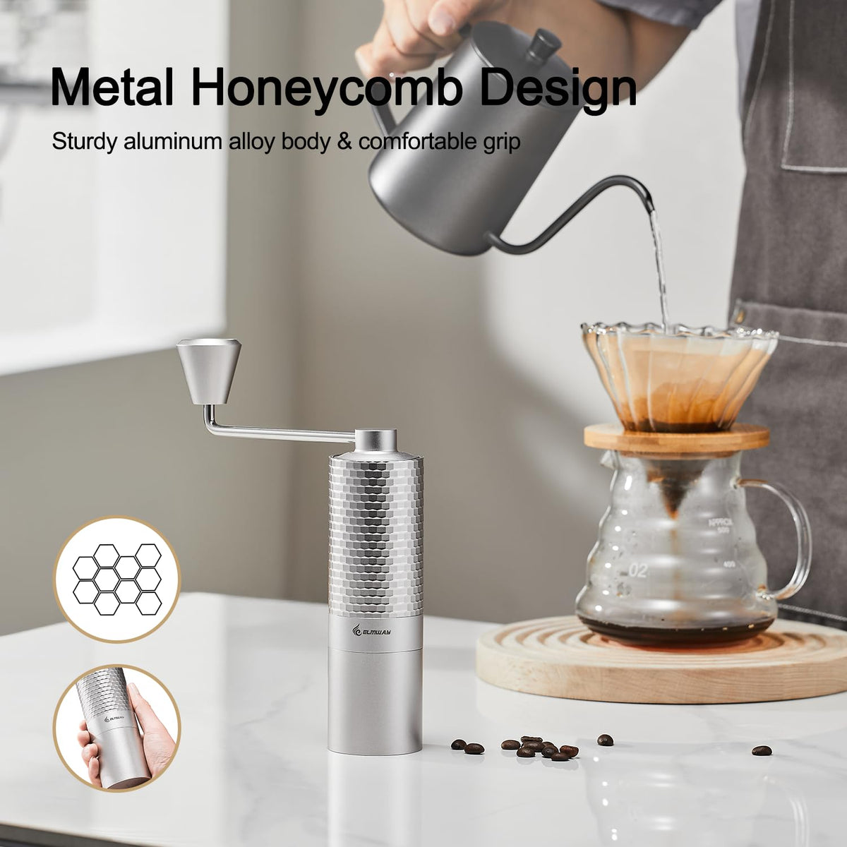 Manual Coffee Grinder, Stainless Steel Conical Burr Hand Grinder, 25g Coffee Bean Mill with Magnetic Handle, Dual Bearing Metal Body for Travel and Camping S273