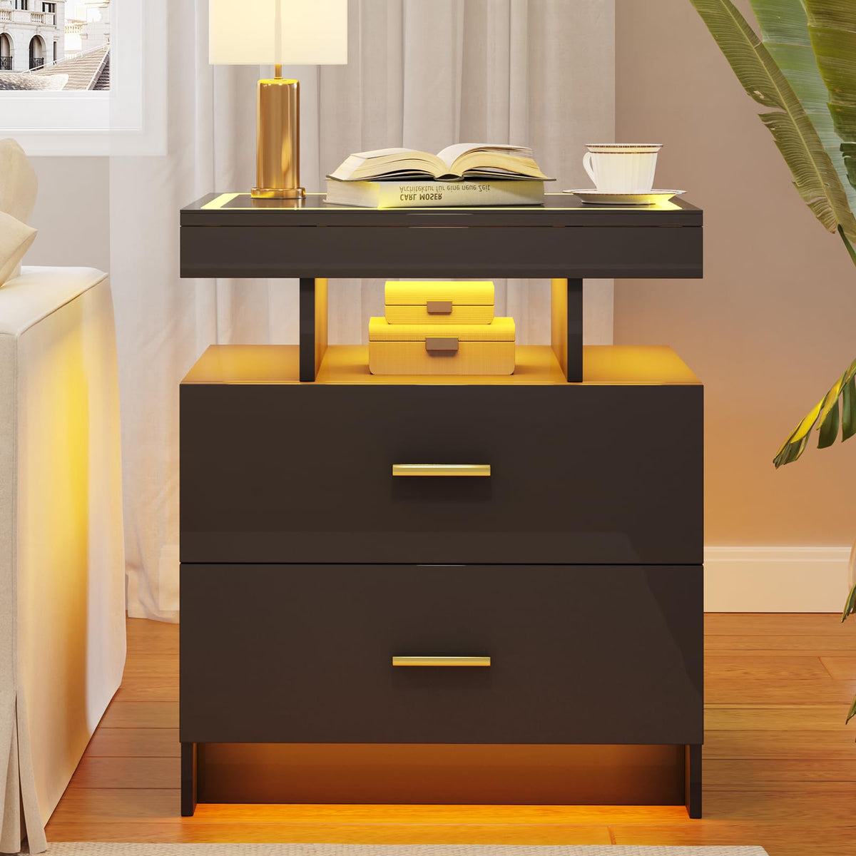 Black LED Nightstand with Wireless Charging Station P208
