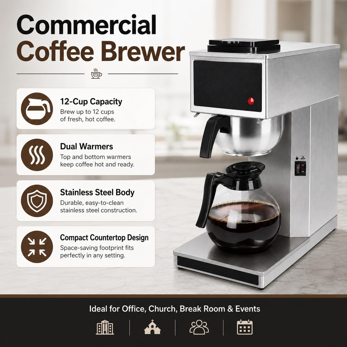 Commercial 12-Cup Stainless Steel Drip Coffee Maker with Dual Warmers F44430