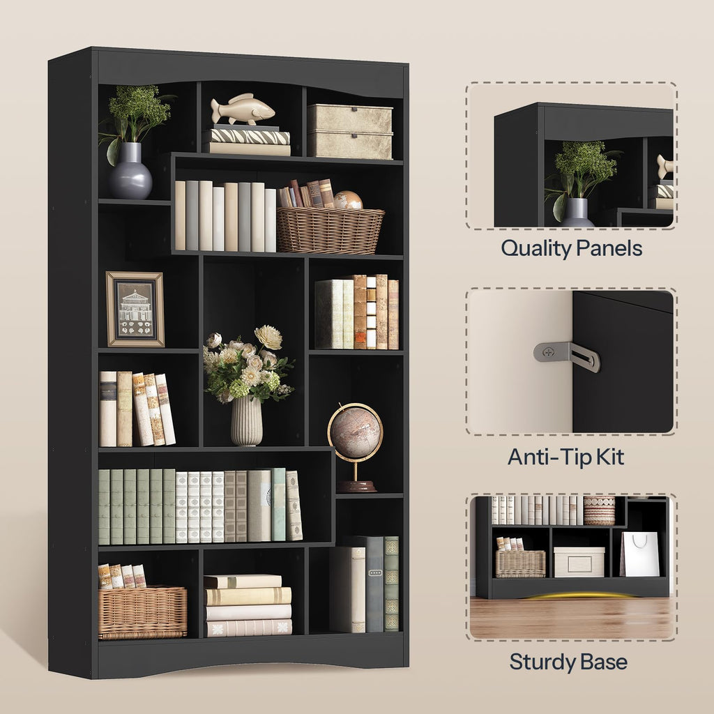 6-Tier Black Bookshelf with Open Shelves O40166