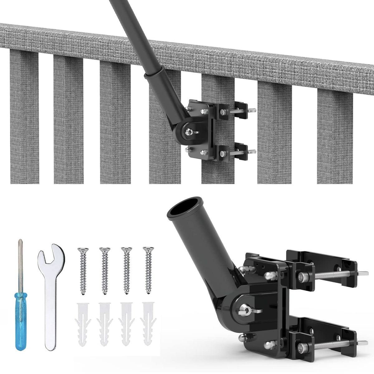 Flagpole Mount for Balcony Railing, Round and Square Railing, Black T638