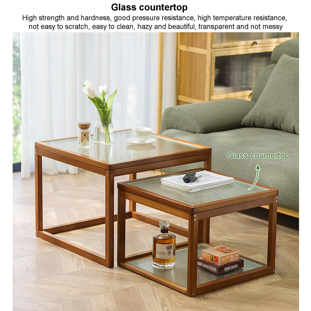 Square Glass Nesting Coffee Tables Set of 2 with Bamboo Frame J665417