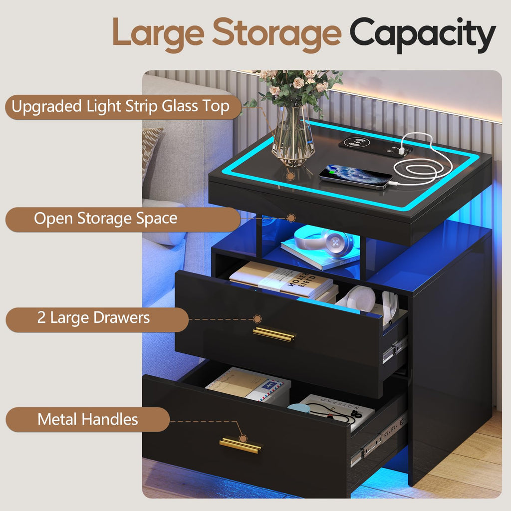 Black LED Nightstand with Wireless Charging Station P208