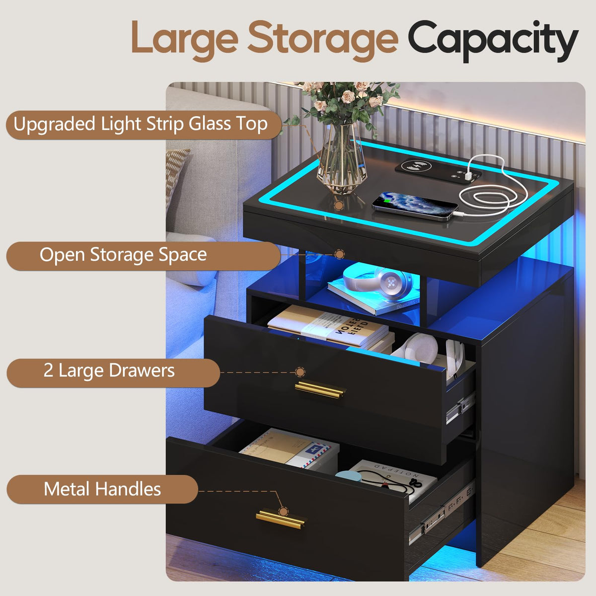 Black LED Nightstand with Wireless Charging Station P208