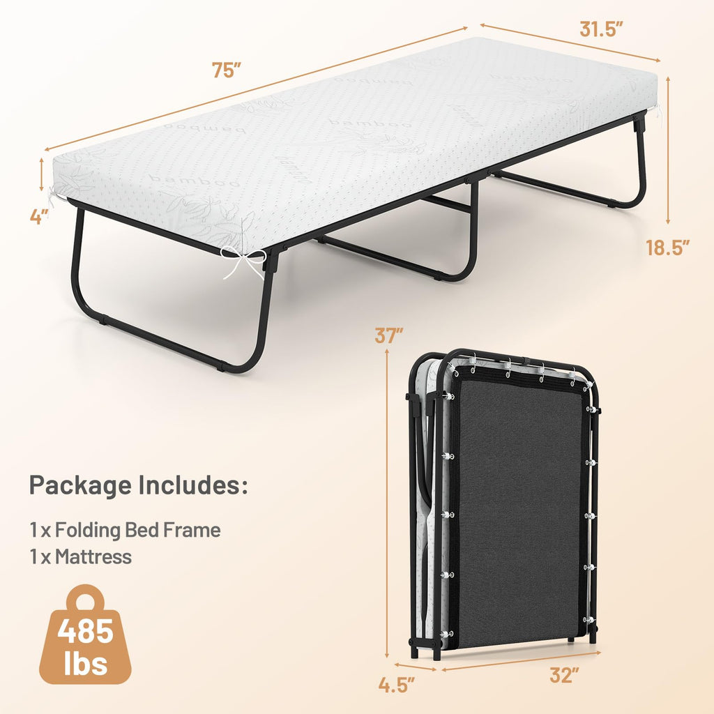 Folding Bed with Mattress Cot Size 75” x 31” Memory Foam Metal Frame Q545592