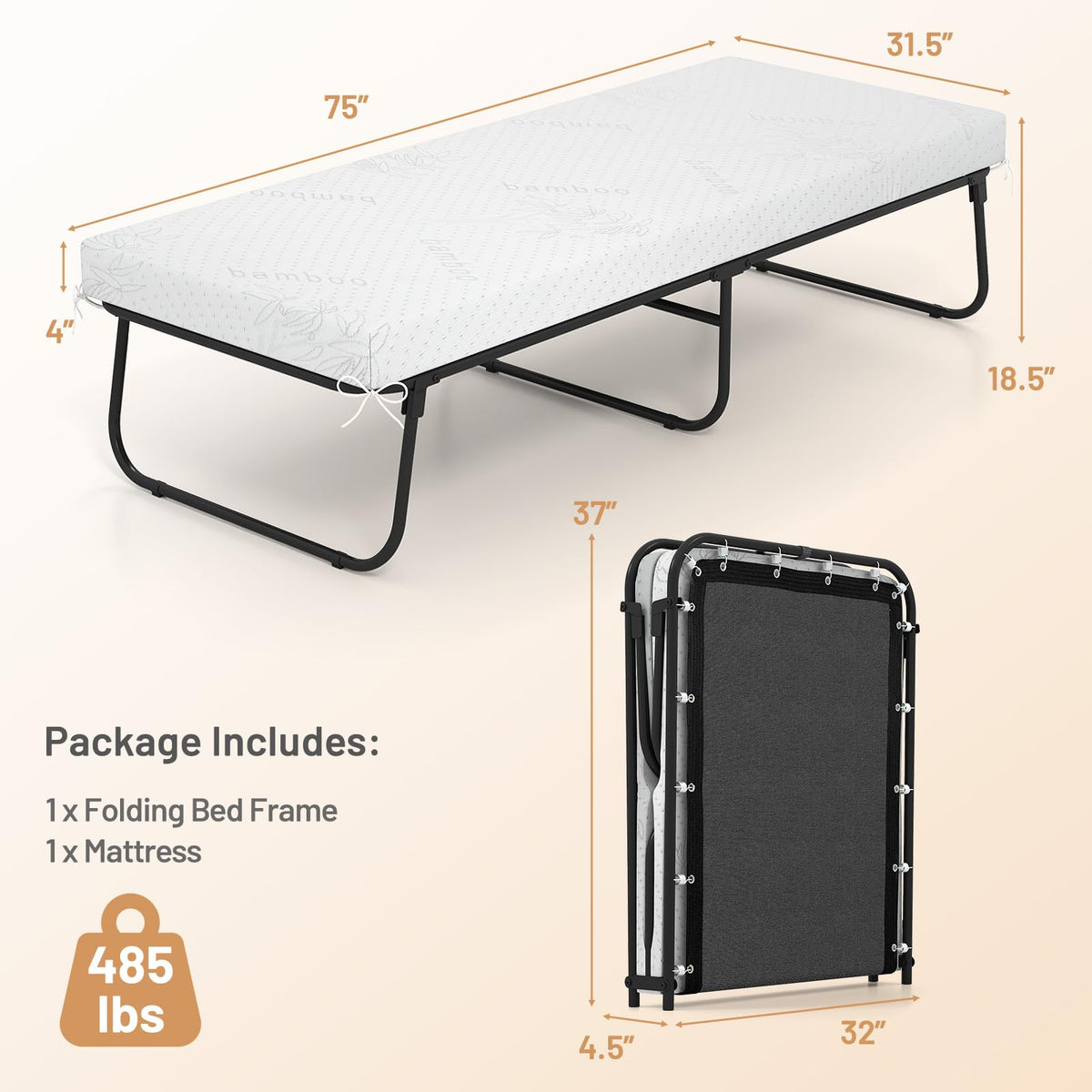 Folding Bed with Mattress Cot Size 75” x 31” Memory Foam Metal Frame Q545592