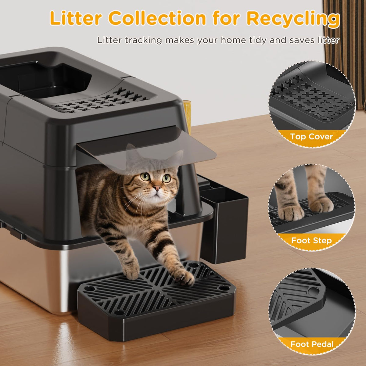 XL Black Stainless Steel Litter Box with Lid D7517