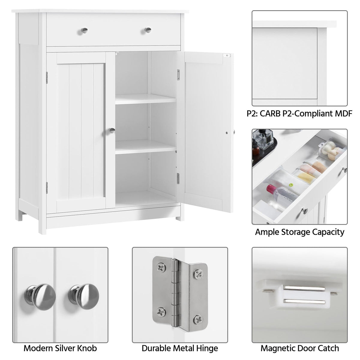 White Bathroom Storage Cabinet with Drawer and 2 Doors N638