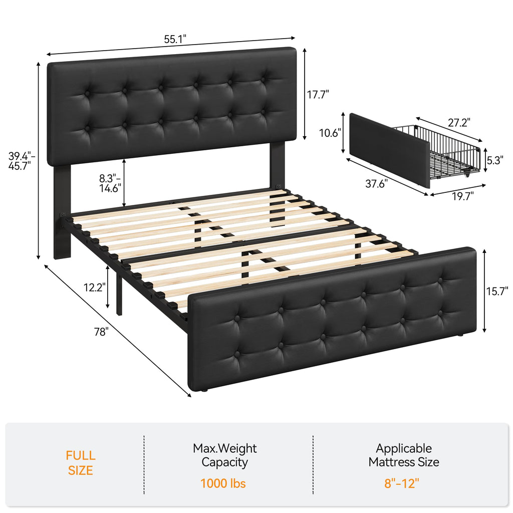 Full Size Bed Frame with 4 Storage Drawers and Headboard, Black T5763