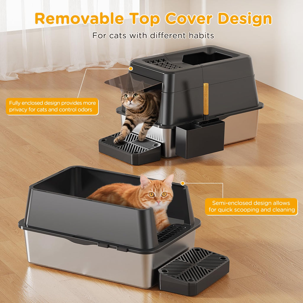 XL Black Stainless Steel Litter Box with Lid D7517