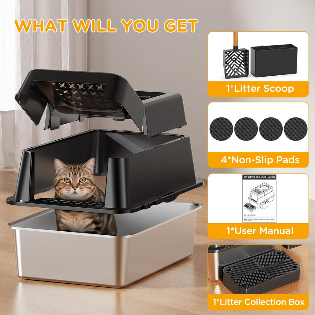 XL Black Stainless Steel Litter Box with Lid D7517