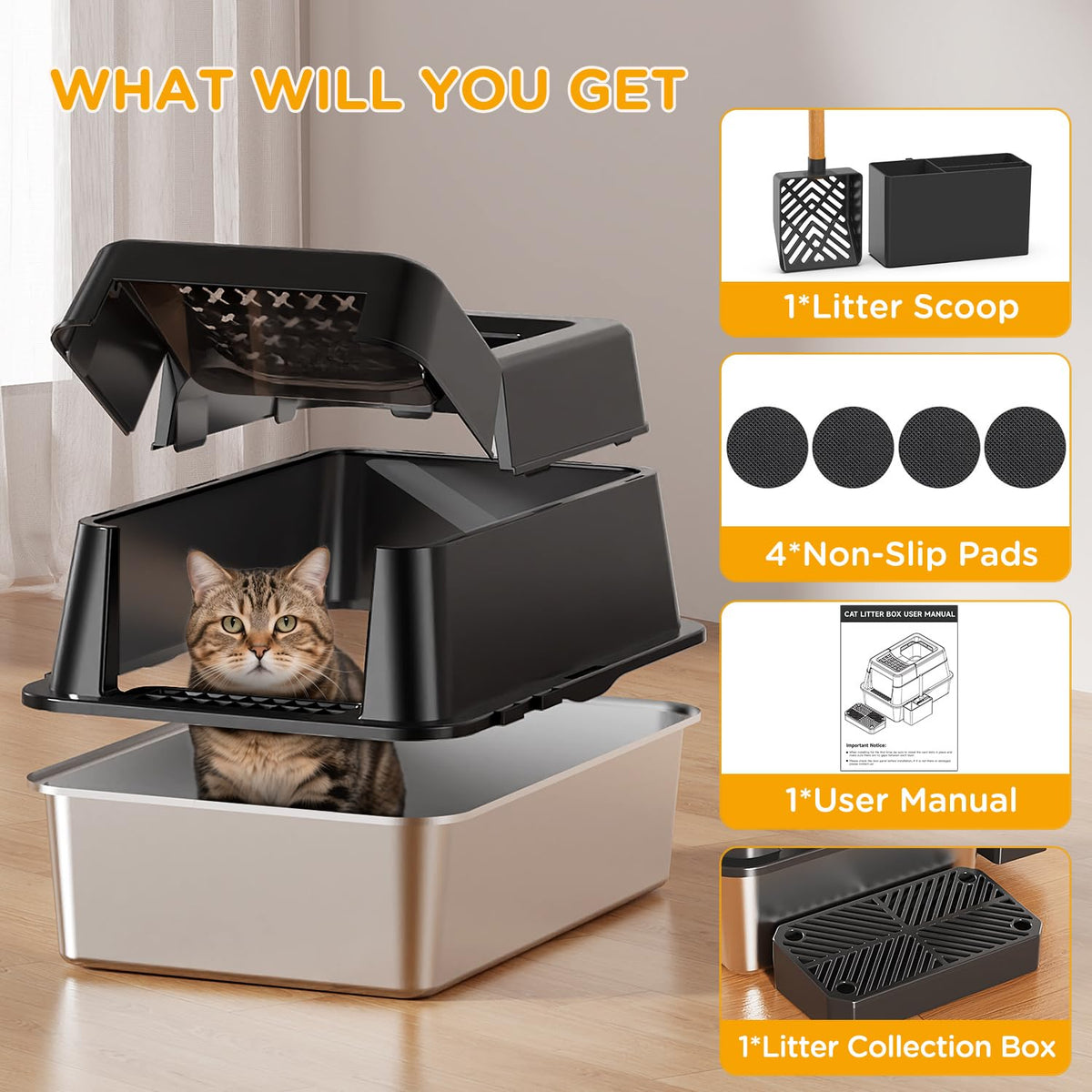 XL Black Stainless Steel Litter Box with Lid D7517