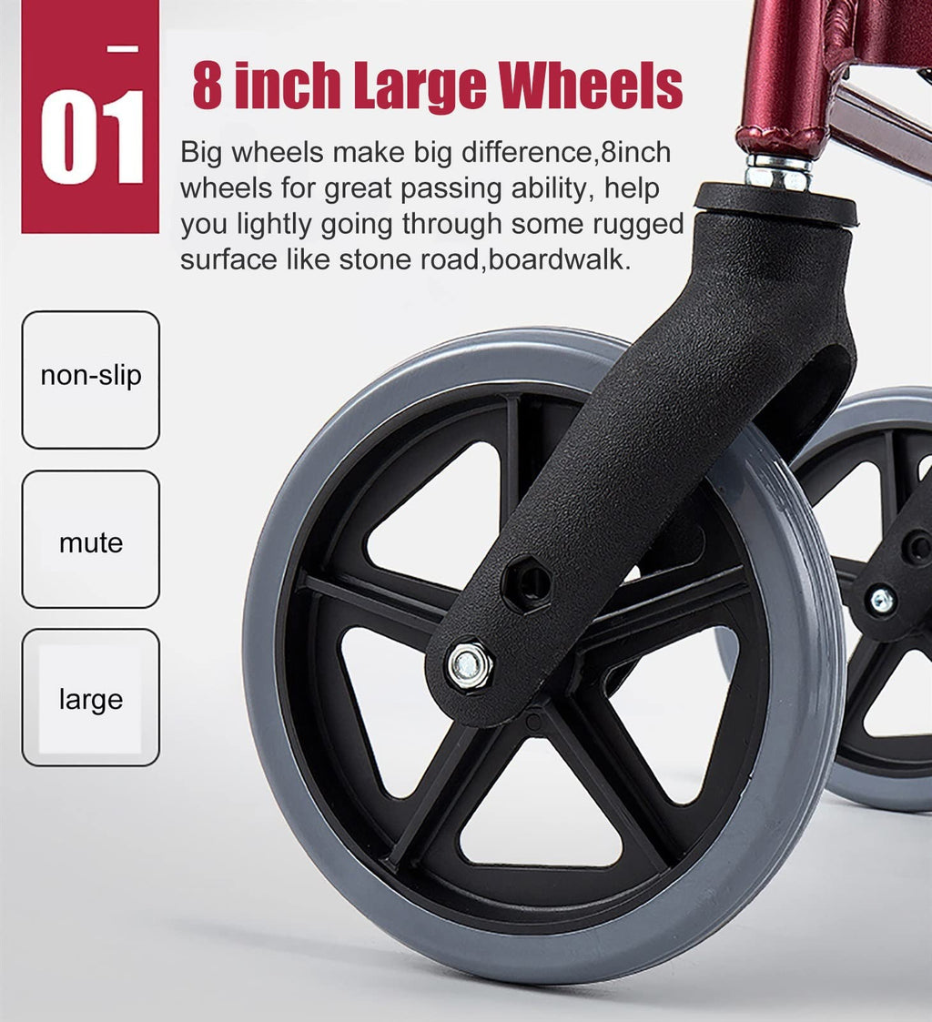 Foldable Rollator Walker with Leather Seat, 8inch Wheels, Brakes and Footrest N244589