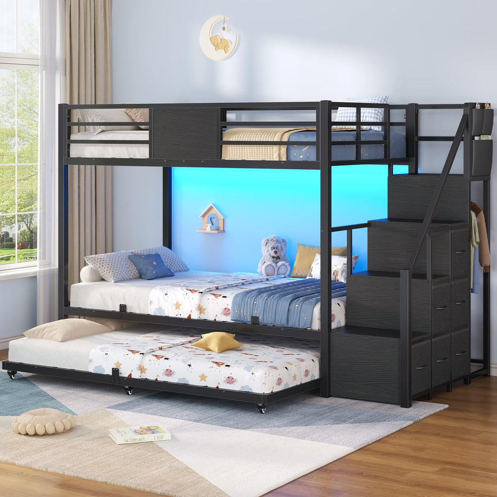 Twin Over Twin Bunk Bed with Trundle, Stairs, 6 Drawers, LED Lights D2755
