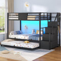 Twin Over Twin Bunk Bed with Trundle, Stairs, 6 Drawers, LED Lights D2755