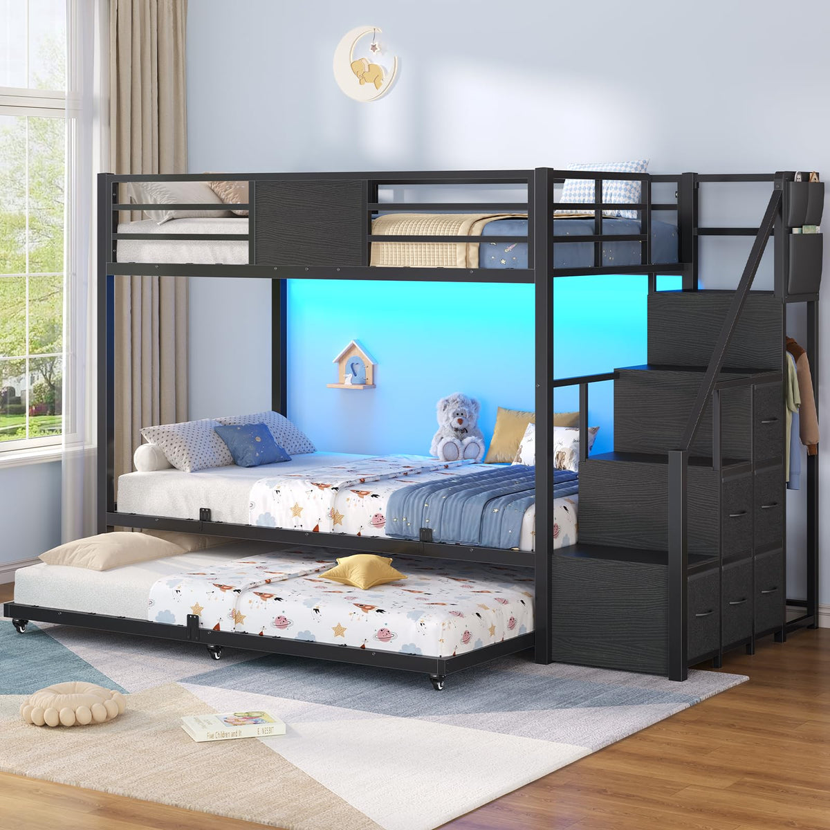 Twin Over Twin Bunk Bed with Trundle, Stairs, 6 Drawers, LED Lights D2755