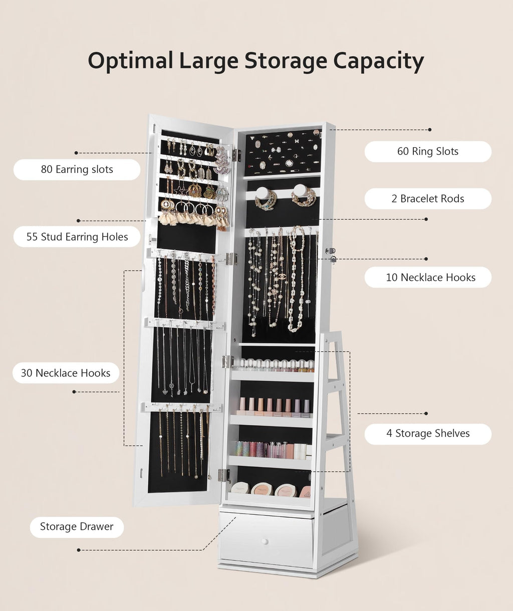 360° Swivel Lockable Jewelry Cabinet with Full Length Mirror Z22296