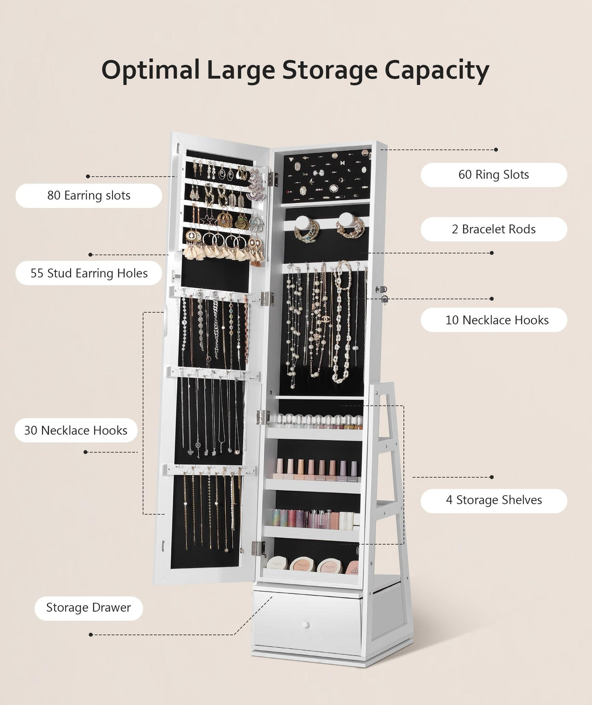 360° Swivel Lockable Jewelry Cabinet with Full Length Mirror Z22296