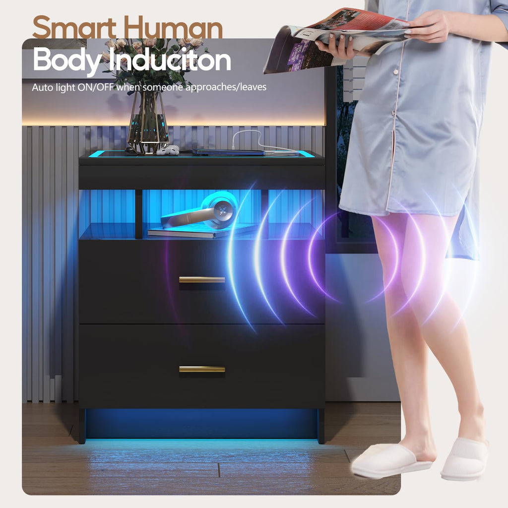 Black LED Nightstand with Wireless Charging Station P208