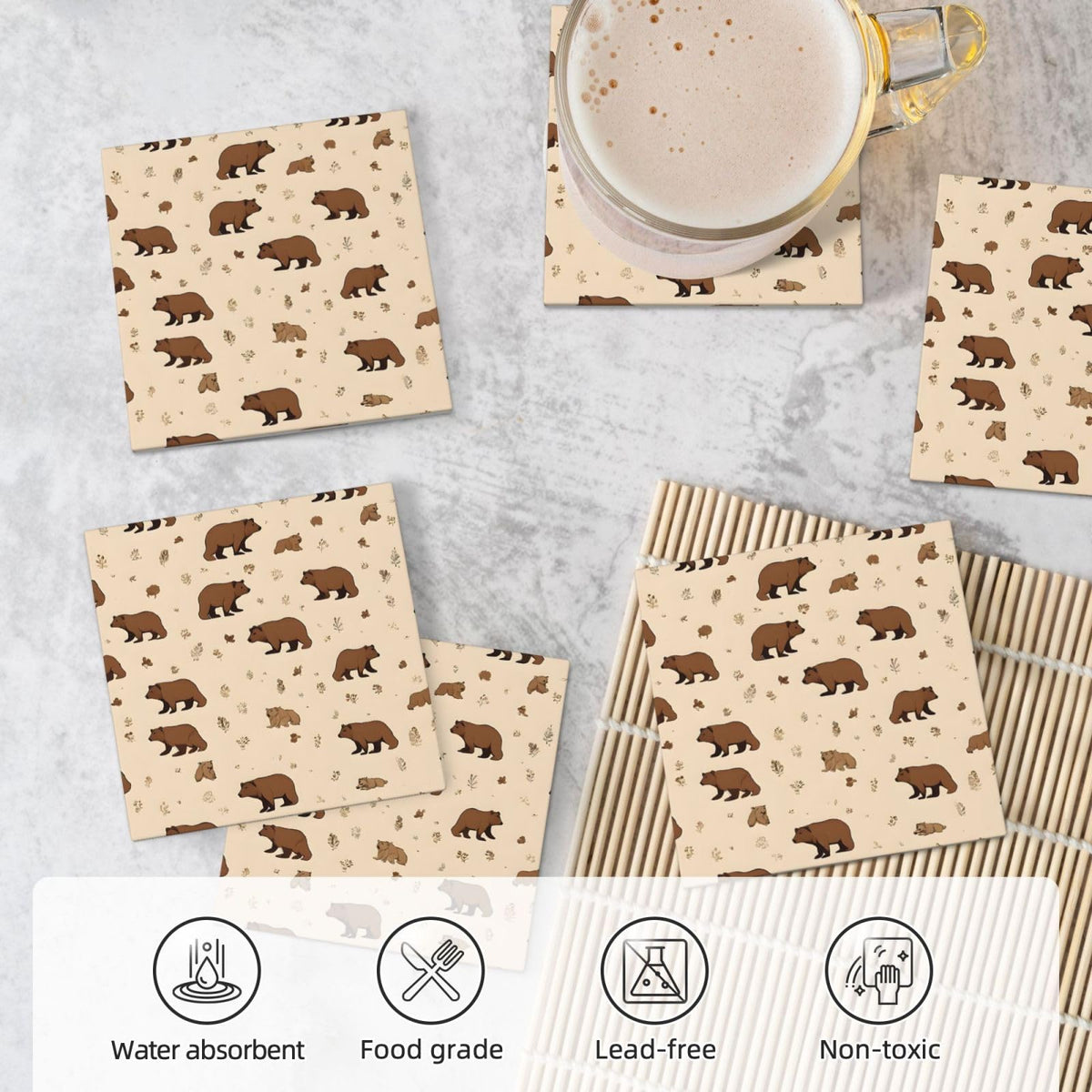 Square Cartoon Bear Ceramic Coasters Set of 6 D495568