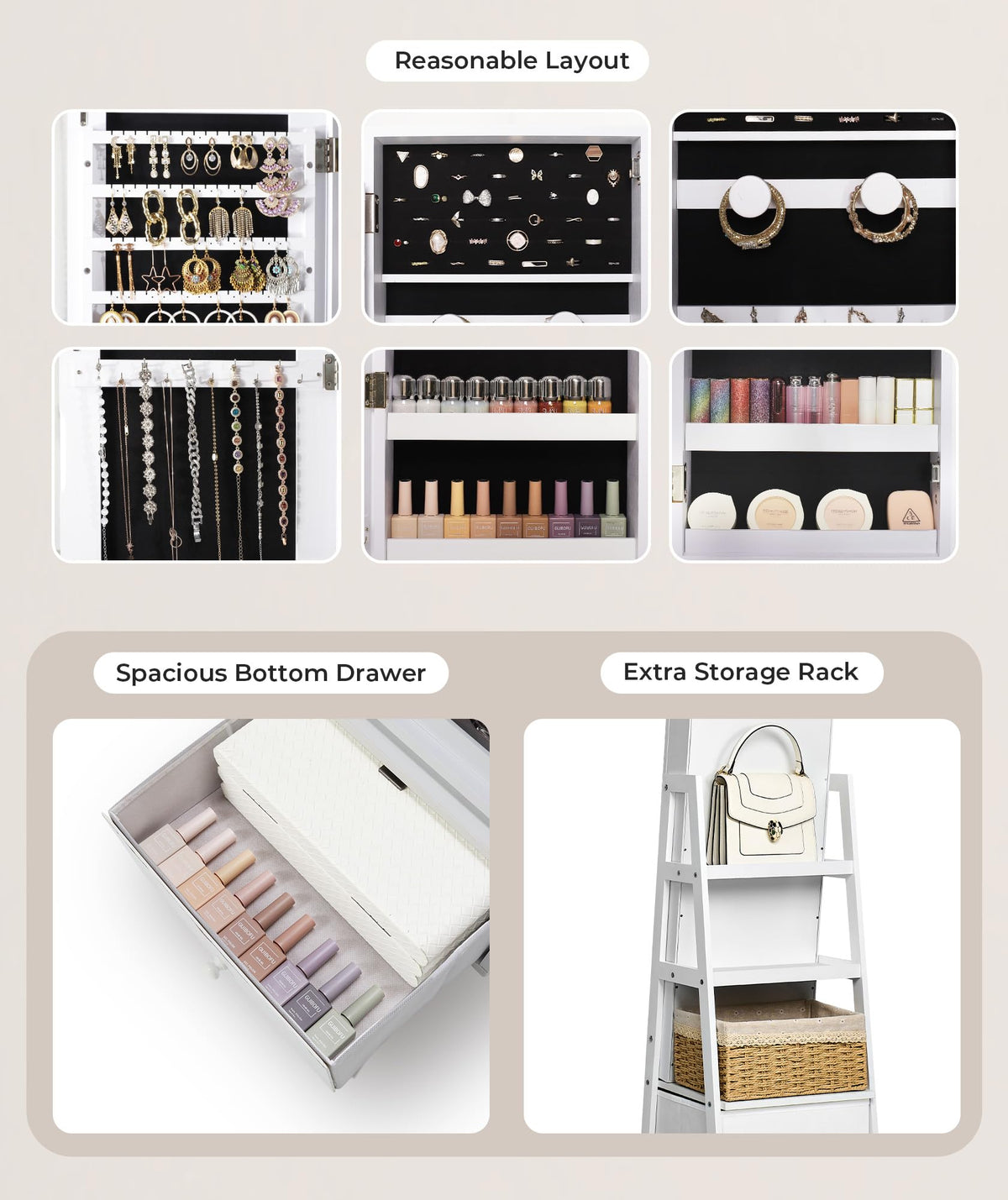 360° Swivel Lockable Jewelry Cabinet with Full Length Mirror Z22296
