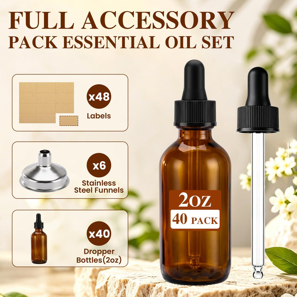 2 oz Amber Glass Dropper Bottles with Funnels, 40 Pack L803136