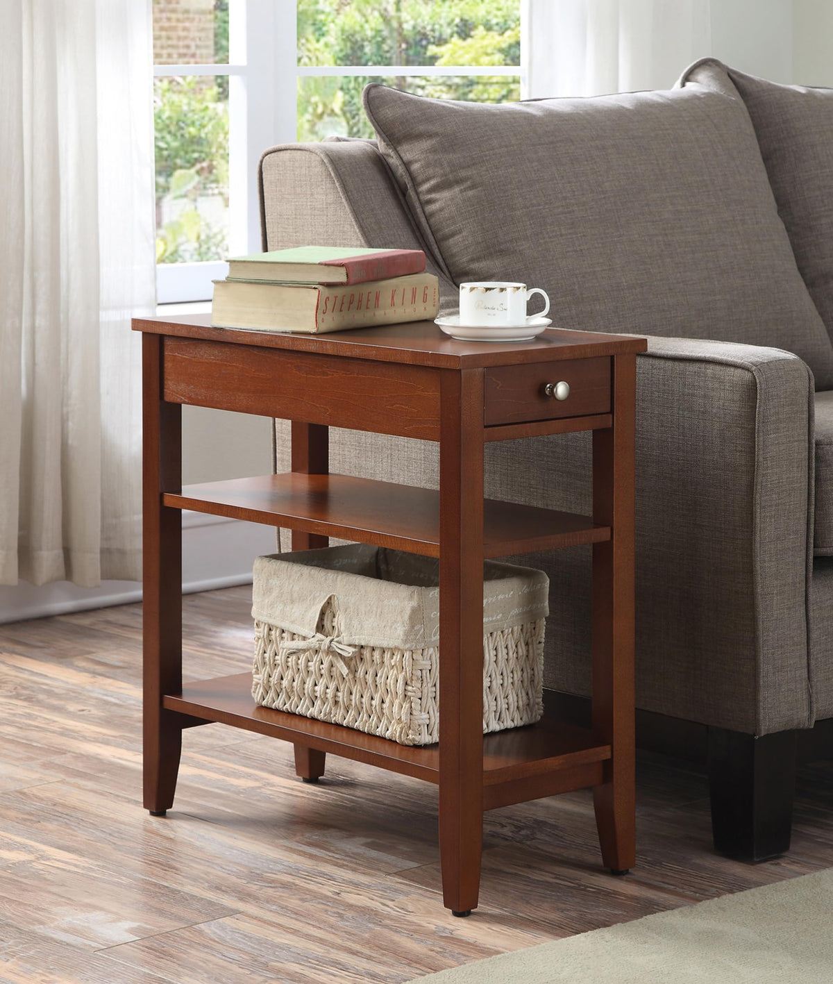 Cherry Chairside End Table with Storage Drawer & Shelves D335