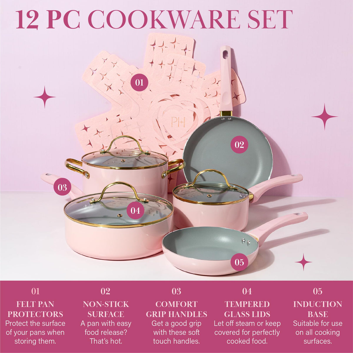 12 Piece Pink Nonstick Cookware Set V2397