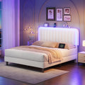 White Velvet Upholstered Full Size Platform Bed Frame with Charging Station S1394
