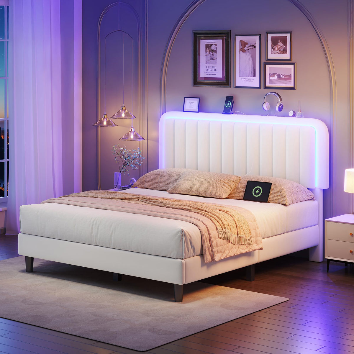 White Velvet Upholstered Full Size Platform Bed Frame with Charging Station S1394