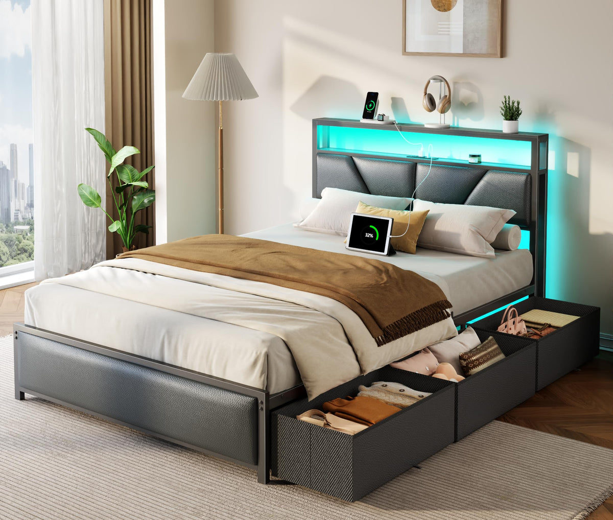 Full Size Bed Frame with Storage Headboard F678224