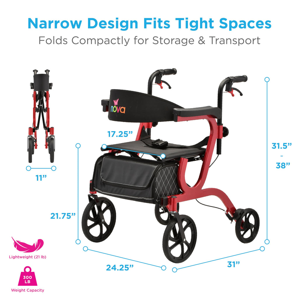 2-in-1 Folding Rollator Walker & Transport Chair with 10” Front Wheels X4834