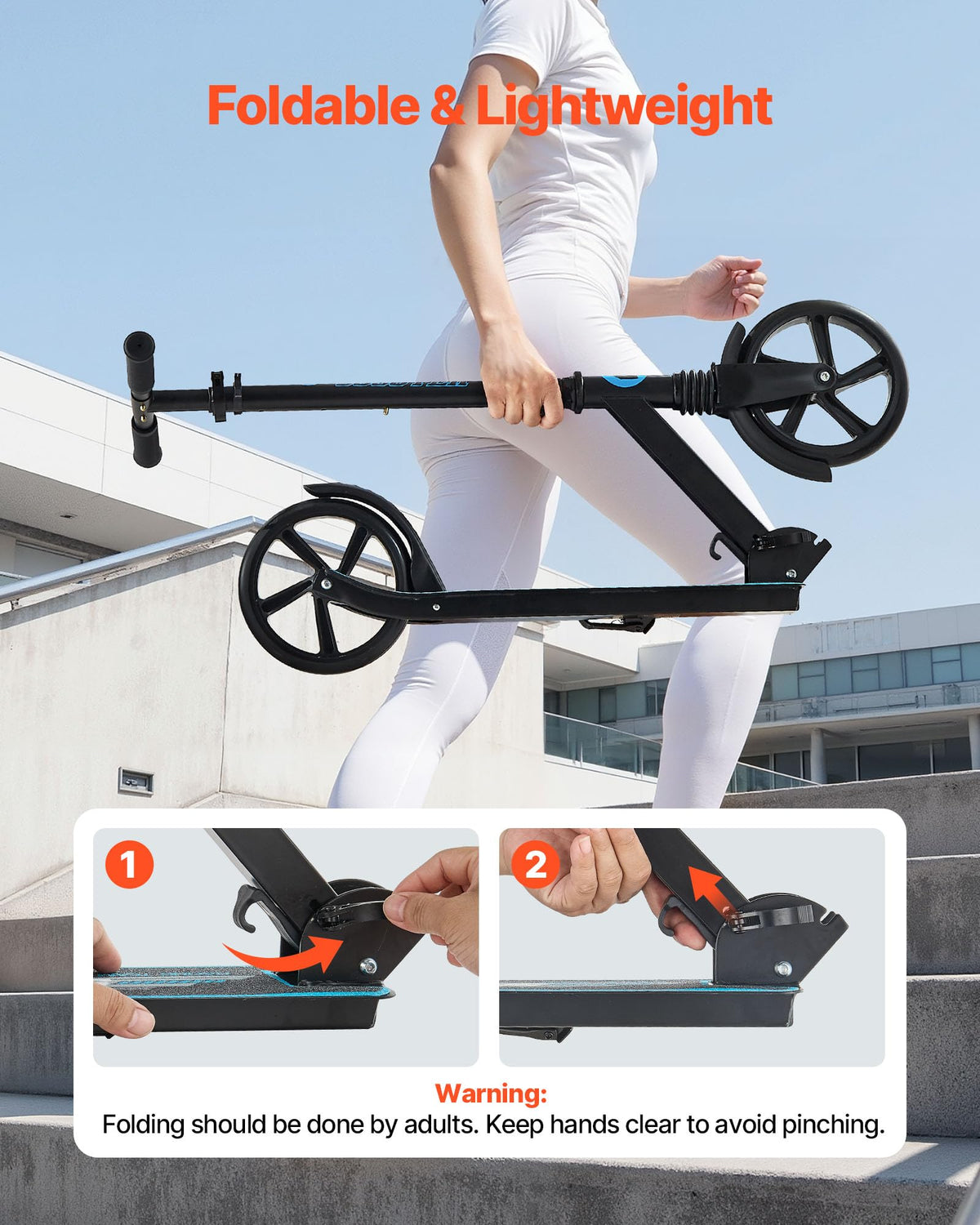 Kick Scooter, 2-Wheel Adjustable Height Folding with Anti-Slip Deck & Light-Up Wheels W201