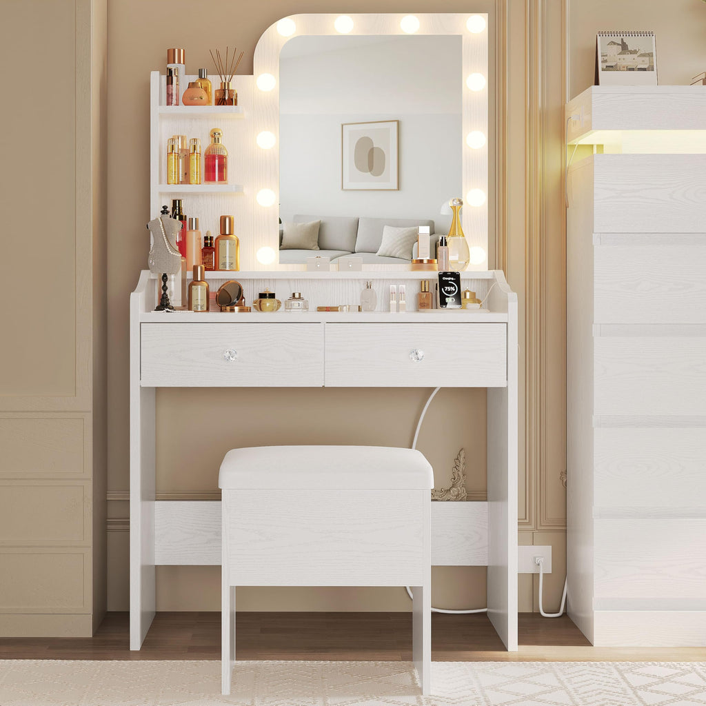 White Vanity Desk with Mirror Lights and Storage Stool U988