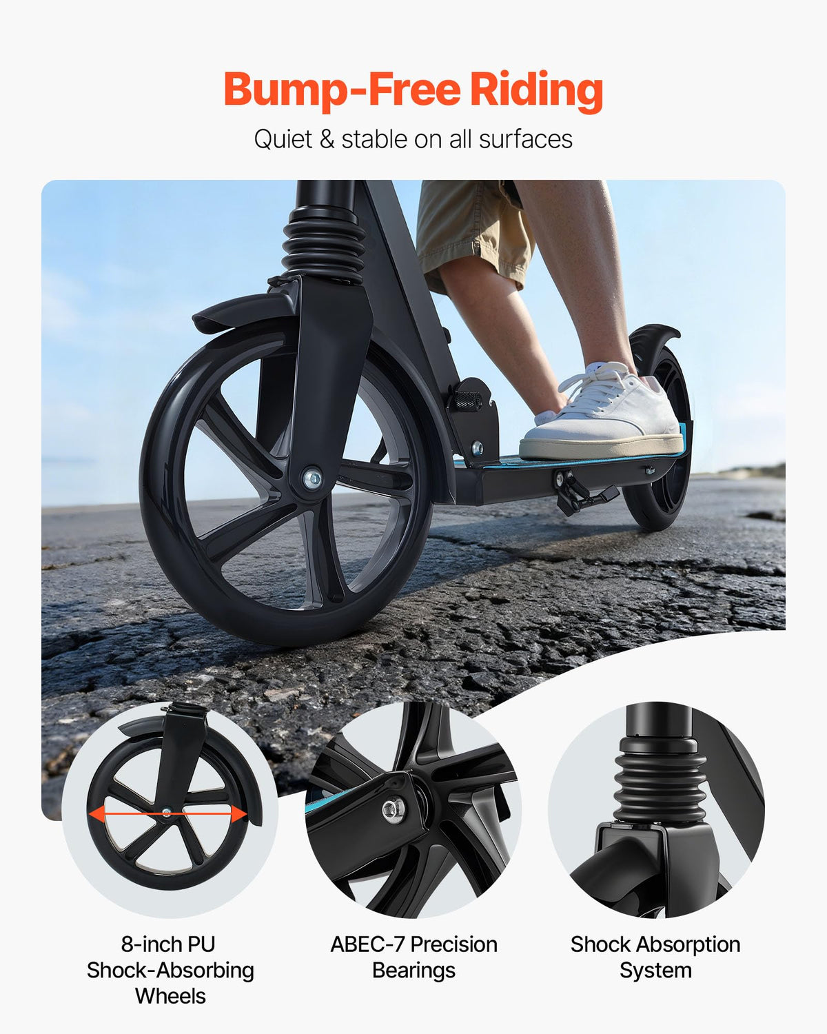 Kick Scooter, 2-Wheel Adjustable Height Folding with Anti-Slip Deck & Light-Up Wheels W201