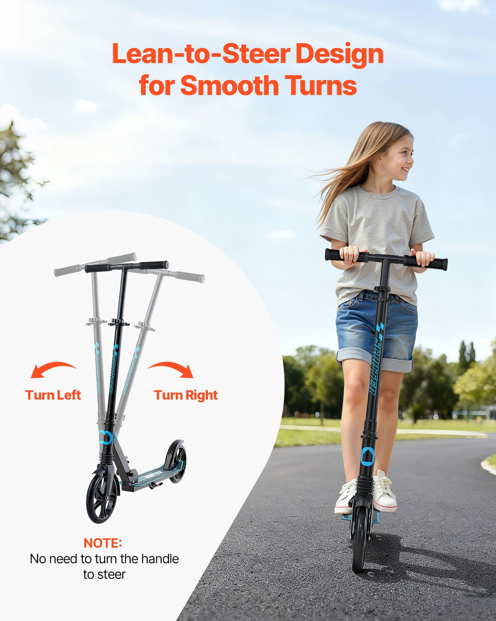 Kick Scooter, 2-Wheel Adjustable Height Folding with Anti-Slip Deck & Light-Up Wheels W201
