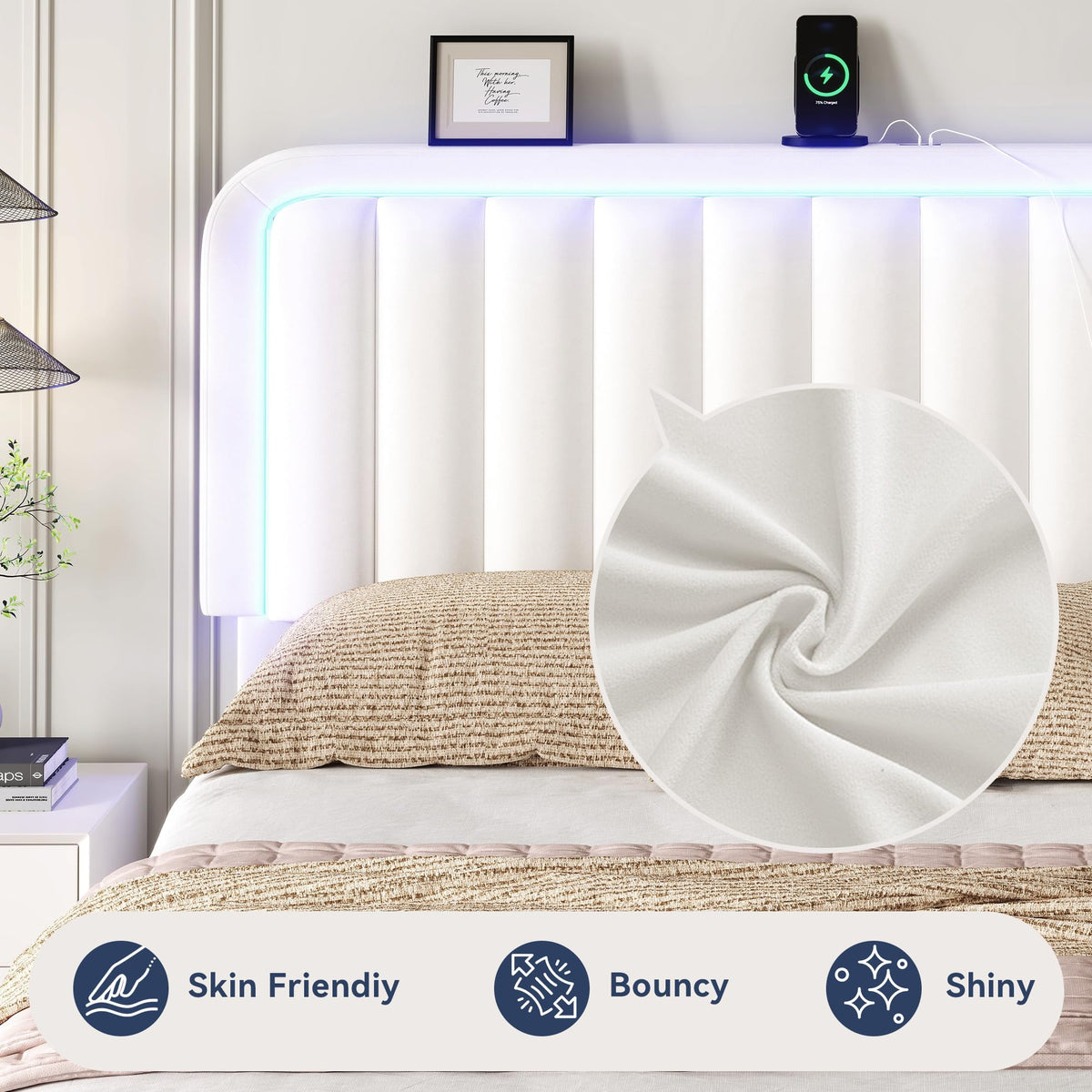 White Velvet Upholstered Full Size Platform Bed Frame with Charging Station S1394
