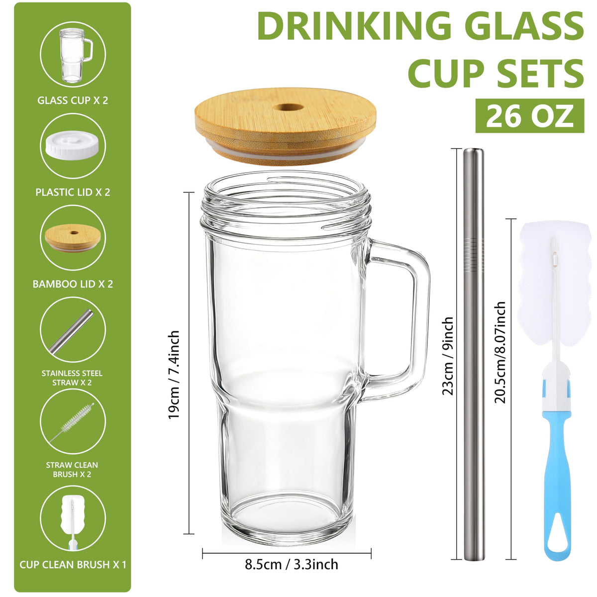 24oz Glass Tumbler with Lid & Straw 2-Pack I196