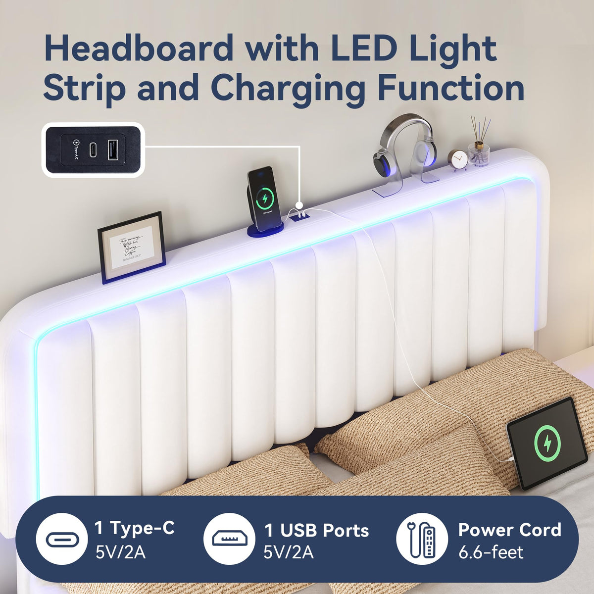 White Velvet Upholstered Full Size Platform Bed Frame with Charging Station S1394