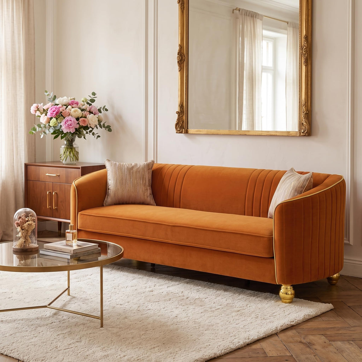 Velvet Modern Sofa Couch 3-Seater Deep Seat Sofa, Orange K5035