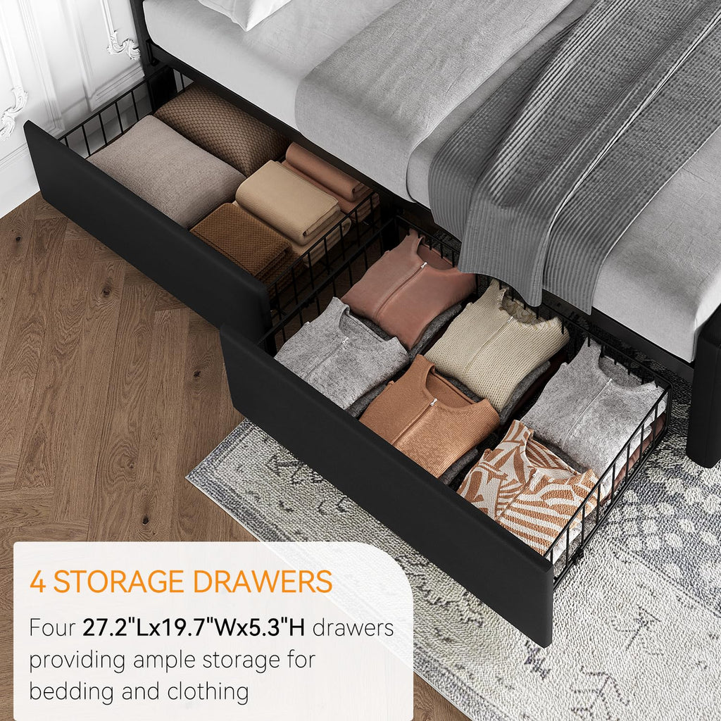 Full Size Bed Frame with 4 Storage Drawers and Headboard, Black T5763