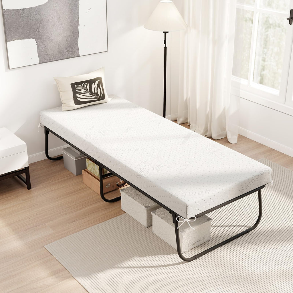 Folding Bed with Mattress Cot Size 75” x 31” Memory Foam Metal Frame Q545592
