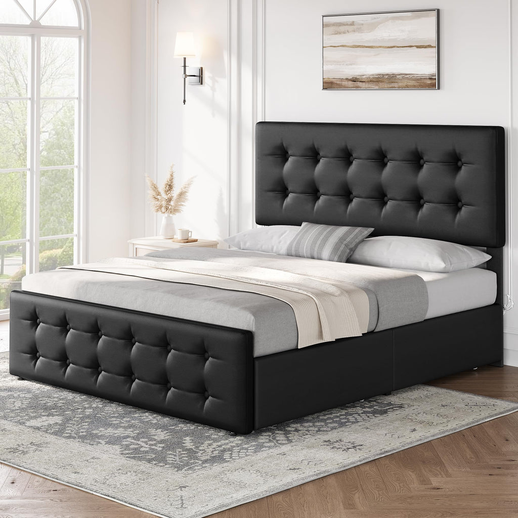 Full Size Bed Frame with 4 Storage Drawers and Headboard, Black T5763