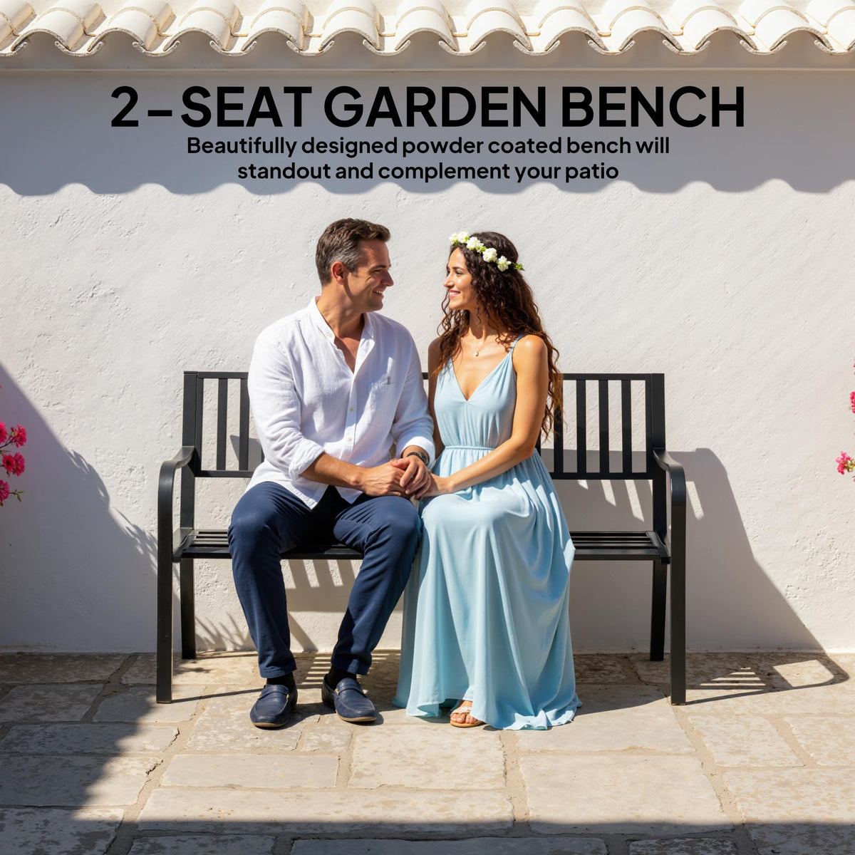 50" Outdoor Garden Bench with Slatted Seat Metal Black D834