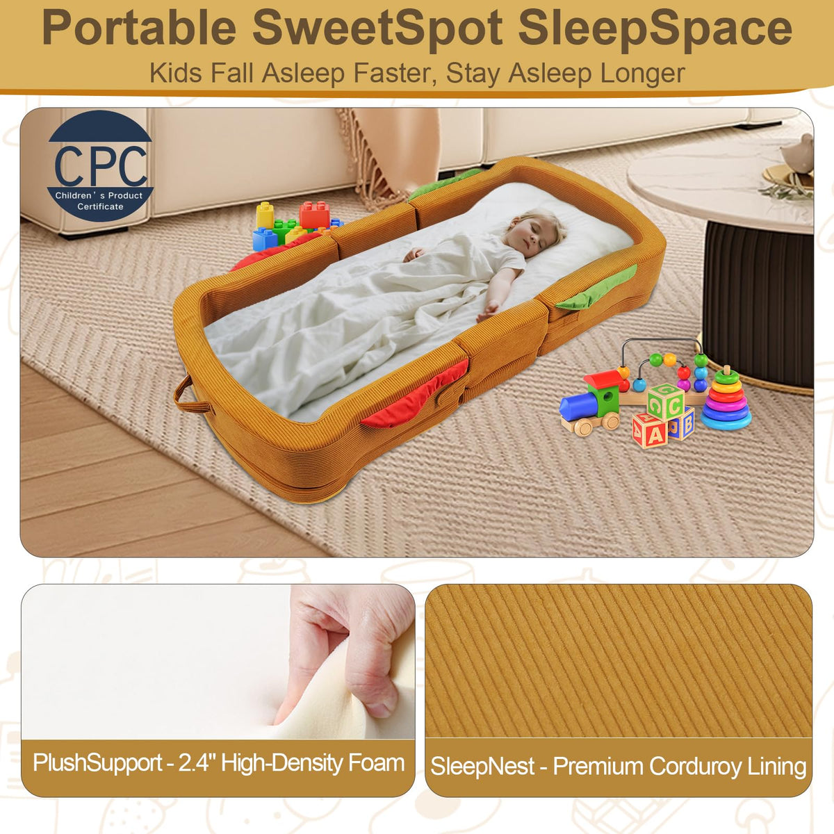 Portable Foldable Soft Foam Toddler Travel Bed with Safety Rail S3618