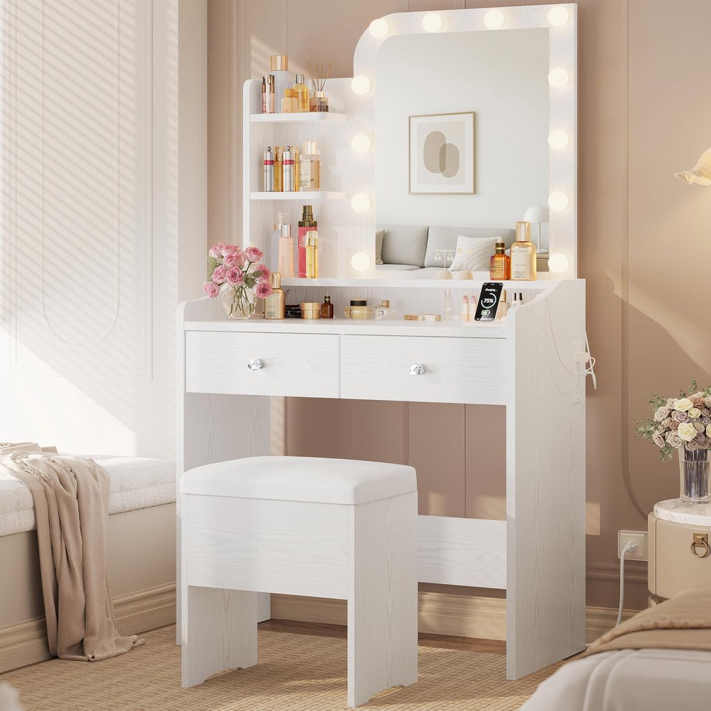 White Vanity Desk with Mirror Lights and Storage Stool U988