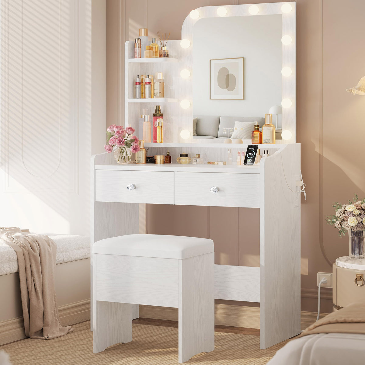 White Vanity Desk with Mirror Lights and Storage Stool U988