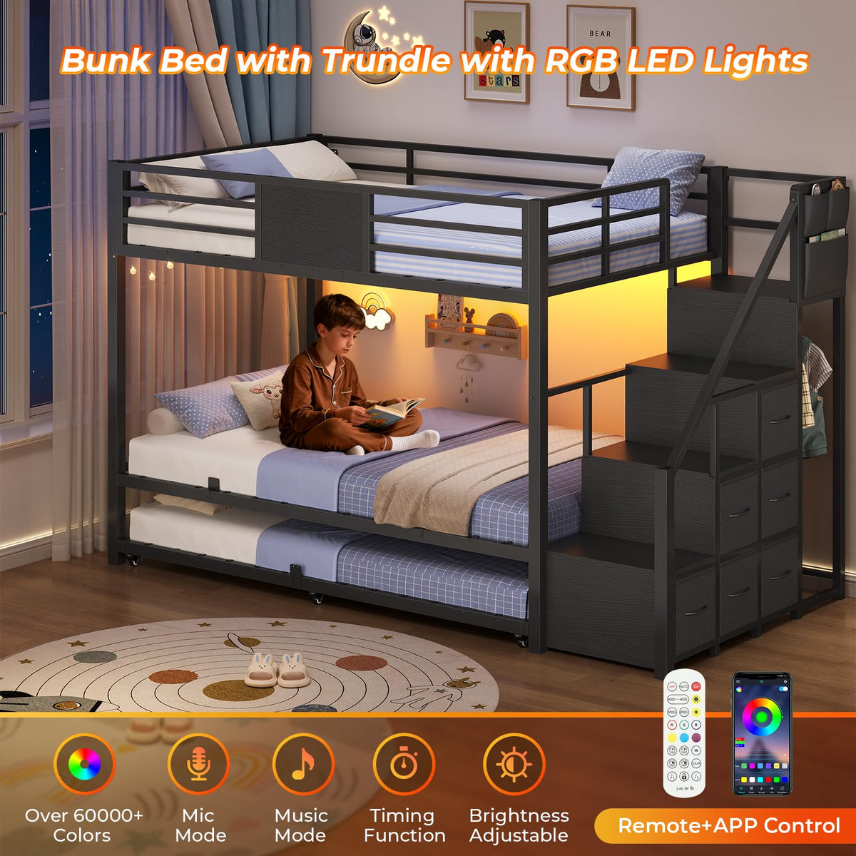 Twin Over Twin Bunk Bed with Trundle, Stairs, 6 Drawers, LED Lights D2755