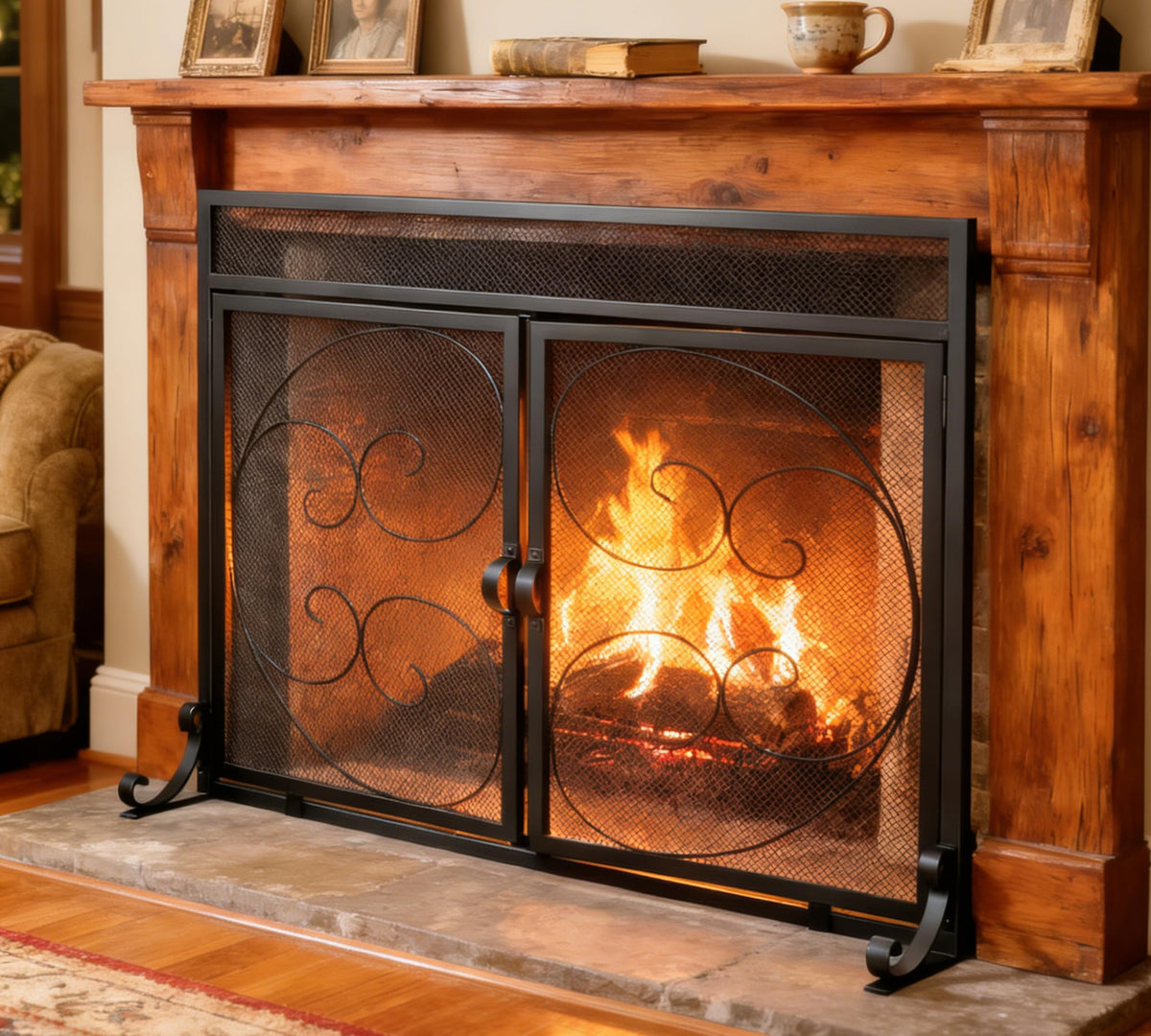 Wrought Iron Fireplace Screen with Magnetic Double Doors Black S929279