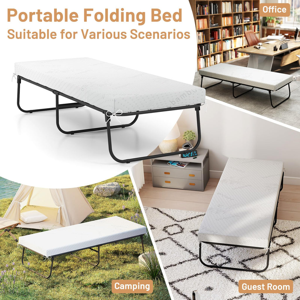 Folding Bed with Mattress Cot Size 75” x 31” Memory Foam Metal Frame Q545592